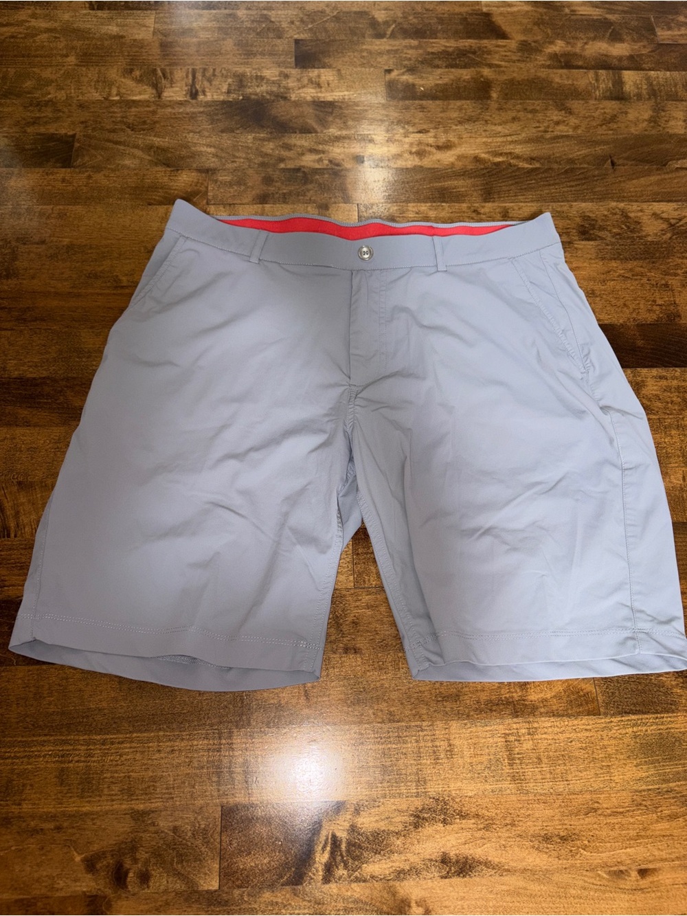 Men's Light Gray Athletic Performance Shorts with Red Waistband Accent